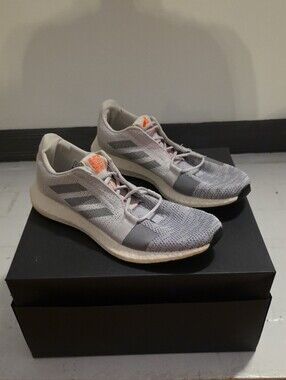 Adidas Light Grey Knit Running Shoes with Orange Tongue Accent